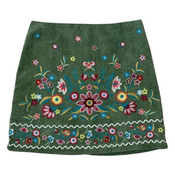 Umgee Dresses & Skirts - Umgee Boho Floral Embroidered Corduroy Skirt Green Cottagecore Retro Mini S